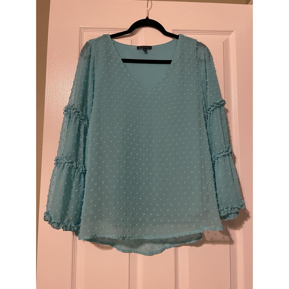 Staccato Blouse Womens M Blue Swiss Dot Tiered Bell Sleeve Chiffon Sheer Top